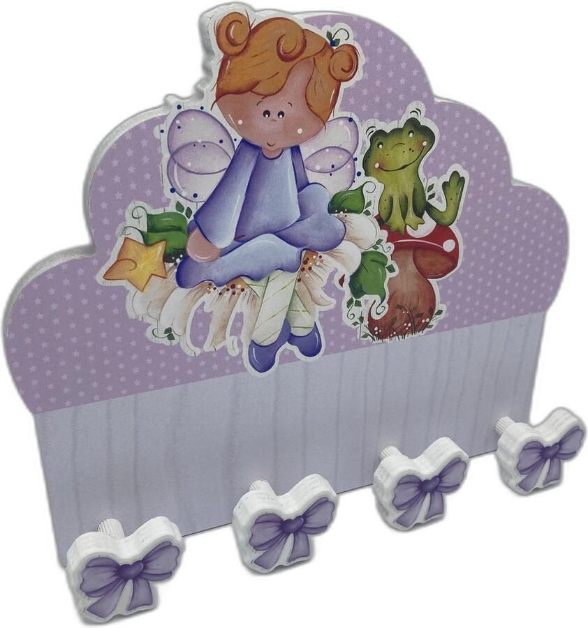 Dekori Kinderkapstok Wandkapstok- Italiaans Design Hout 4 haken 26 x 23 cm Kinderkamer Engeltje met Kikker