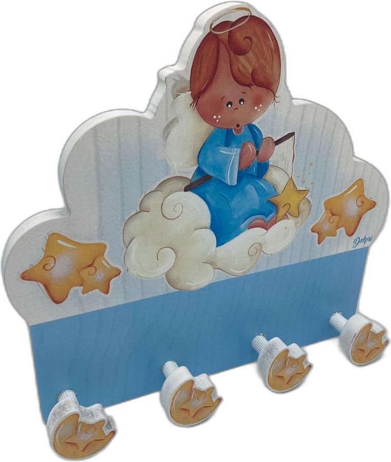 Dekori Kinderkapstok Wandkapstok- Italiaans Design Hout 4 haken 26 x 24 cm Kinderkamer Engeltje op Wolk
