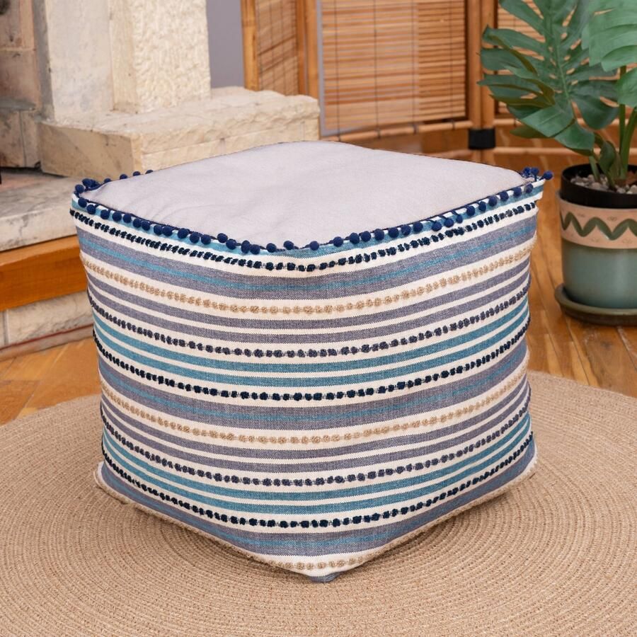 Dekorist Poef Retro Poef Home Decor Extra Zitting Vloerkussen Zitzak Poef Comfortabele Voetensteunen voor Woonkamer Vintage Look Poef Slaapkamer Binnen Buiten 16.5x16.5x18h inch Gestreept Navy