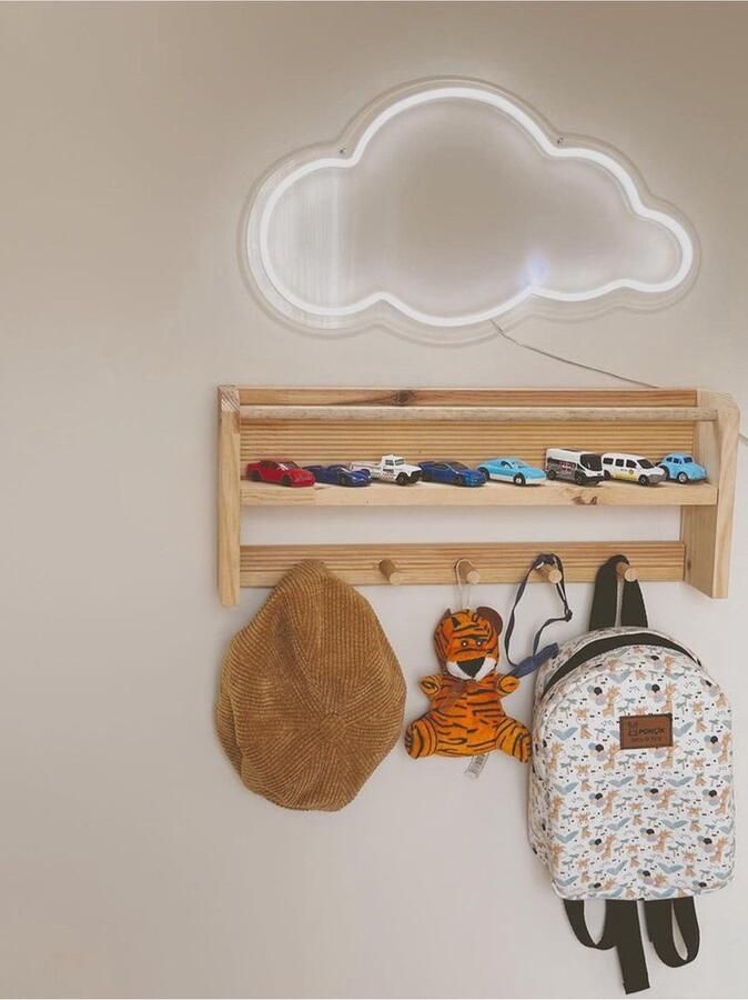 Dekornik Montessori Kinderkamer Babykamer Boekenplank Kleerhanger Wandhanger met Houten Planken Multifunctionele Wandplank 5 Haken 10x50x20cm