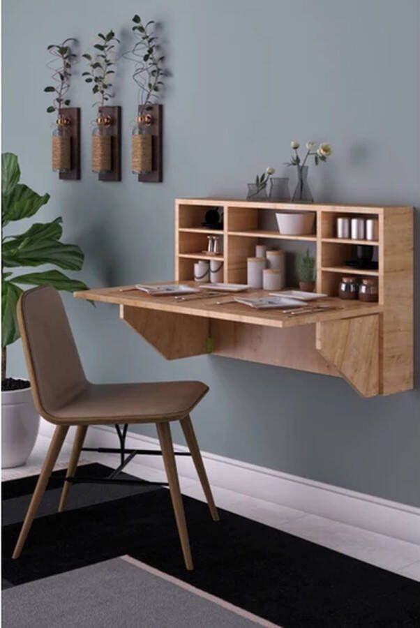 Dekornik SNS Home Draagbare Planktafel Wandtafel Inklapbaar Kardelen Tafel Wandbureau Inklapbare Wandtafel Keukentafel Wandkast Vouwtafel Klaptafel 90x50 cm Saffier Eik