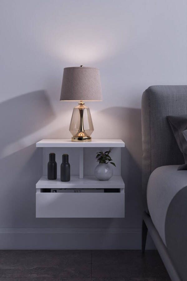 Dekornik SNS Home Flora 17-04 Nachtkastje met Sectie Verdeling Met Beweegbare Hoes Nachtkastje Zwevend 40x34x31 cm Wit