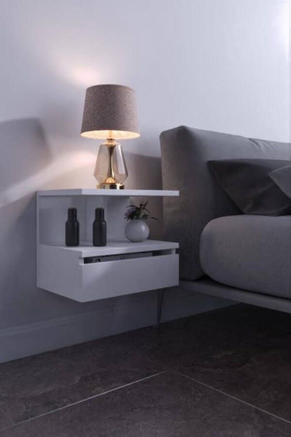 Dekornik SNS Home Flora 17-04 Nachtkastje met Sectie Verdeling Met Beweegbare Hoes Nachtkastje Zwevend 40x34x31 cm Wit - Foto 1