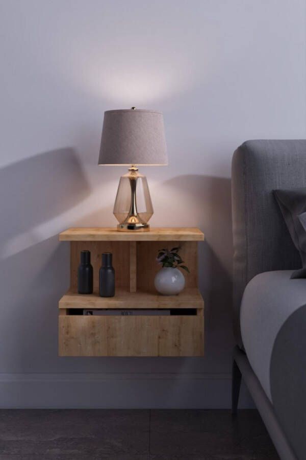 Dekornik SNS Home Flora 17-03 Nachtkastje met Sectie Verdeling Met Beweegbare Hoes Nachtkastje Zwevend 40x34x31 cm Saffier Eik