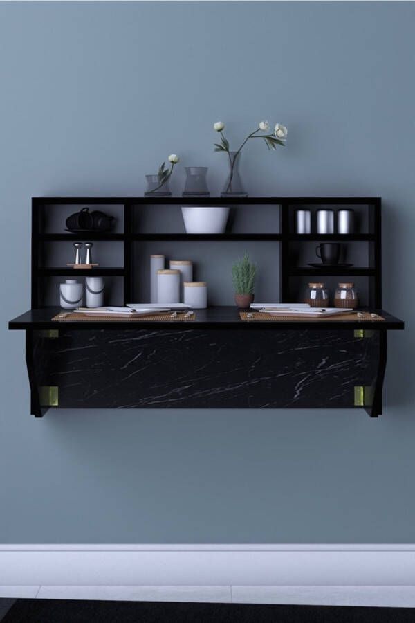 Dekornik SNS Home Kardelen Tafel Draagbare Planktafel Wandtafel Inklapbaar Wandbureau Inklapbare Wandtafel Keukentafel Wandkast Vouwtafel Klaptafel 90x50 cm Zwart en Marmer