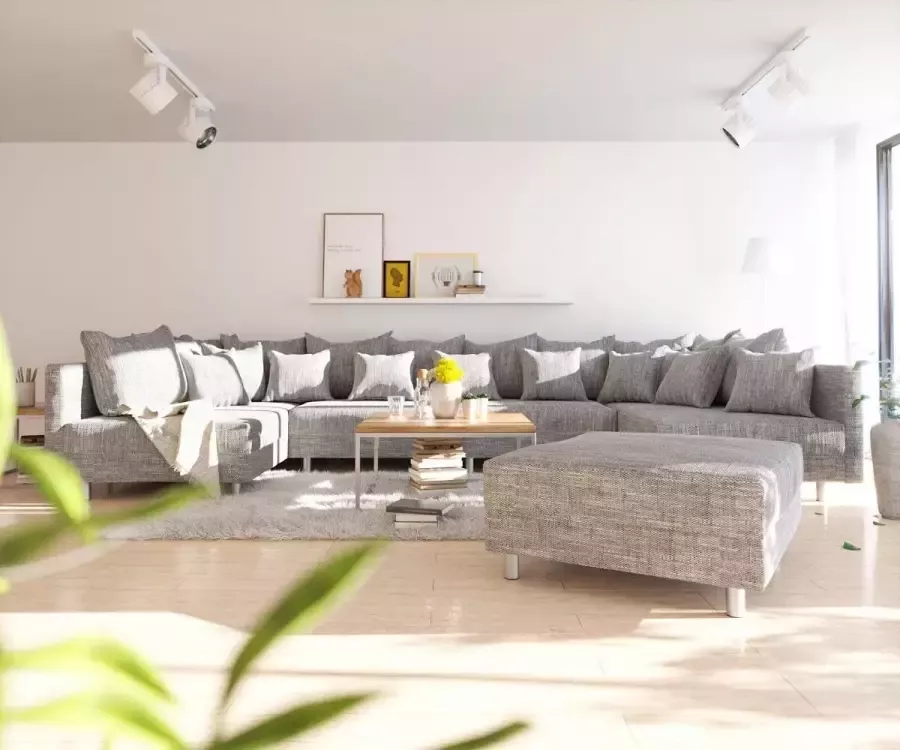 DELIFE bank Clovis XL lichtgrijs structuurstof met hocker woonlandschap