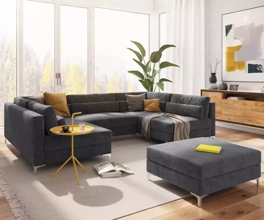 DELIFE Bank Elio Mikrofaser grafiet 300x185 cm mit Hocker woonlandschap