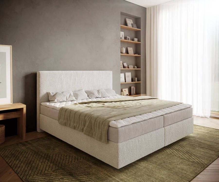 DELIFE Boxspringbed Dream-Well Bouclé Crème-Wit 180x200 cm met Matras en Topper