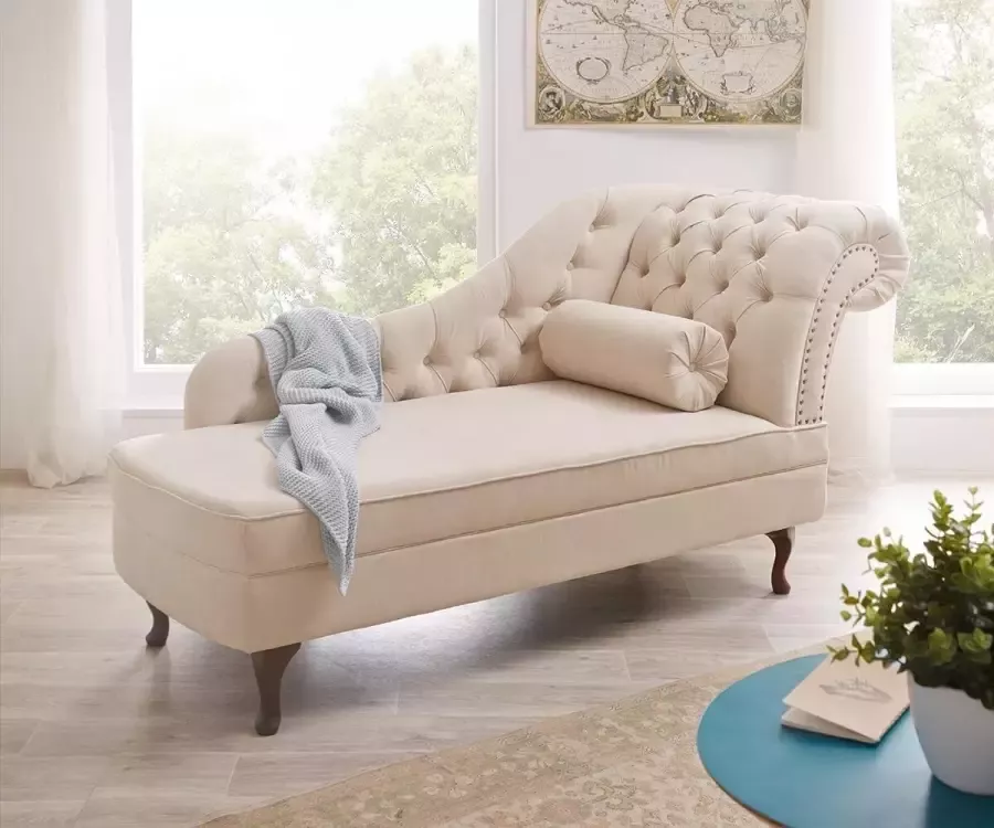 DELIFE Chaise longue Patsy beige 185x75 cm Chesterfield met kussen gestikt Recamiere