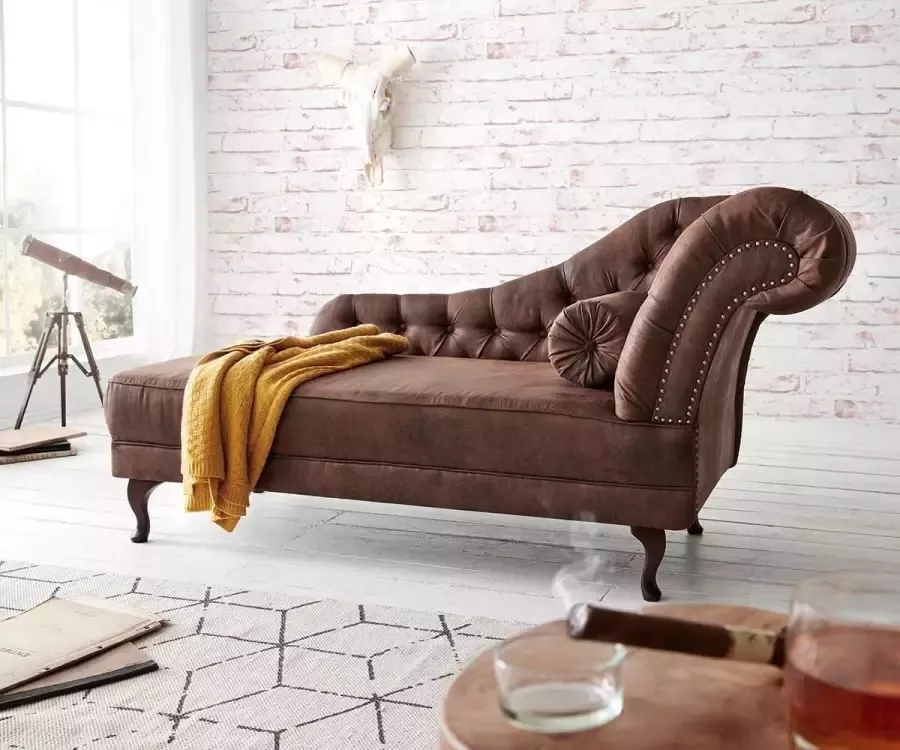 DELIFE Chaise Longue Patsy bruin 185x75 cm antiek optiek Chesterfield met kussen Recamiere