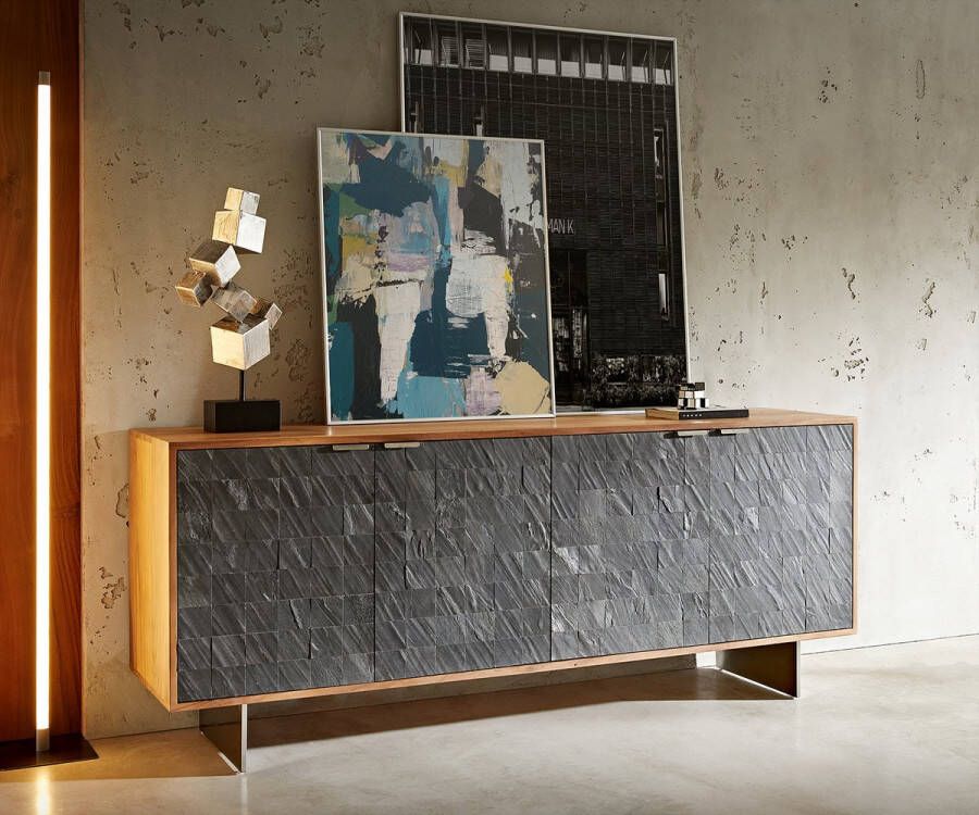 DELIFE Commode Teele acacia natuur leisteen 175 cm 4 deurs dressoir poot zwevend roestvrij staal