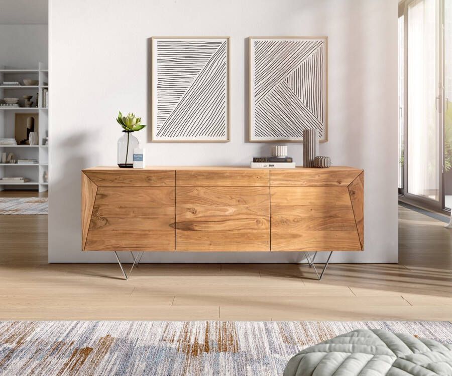 DELIFE Commode Wyatt acacia natuur 175 cm 3-deurs roestvrij staal design sideboard