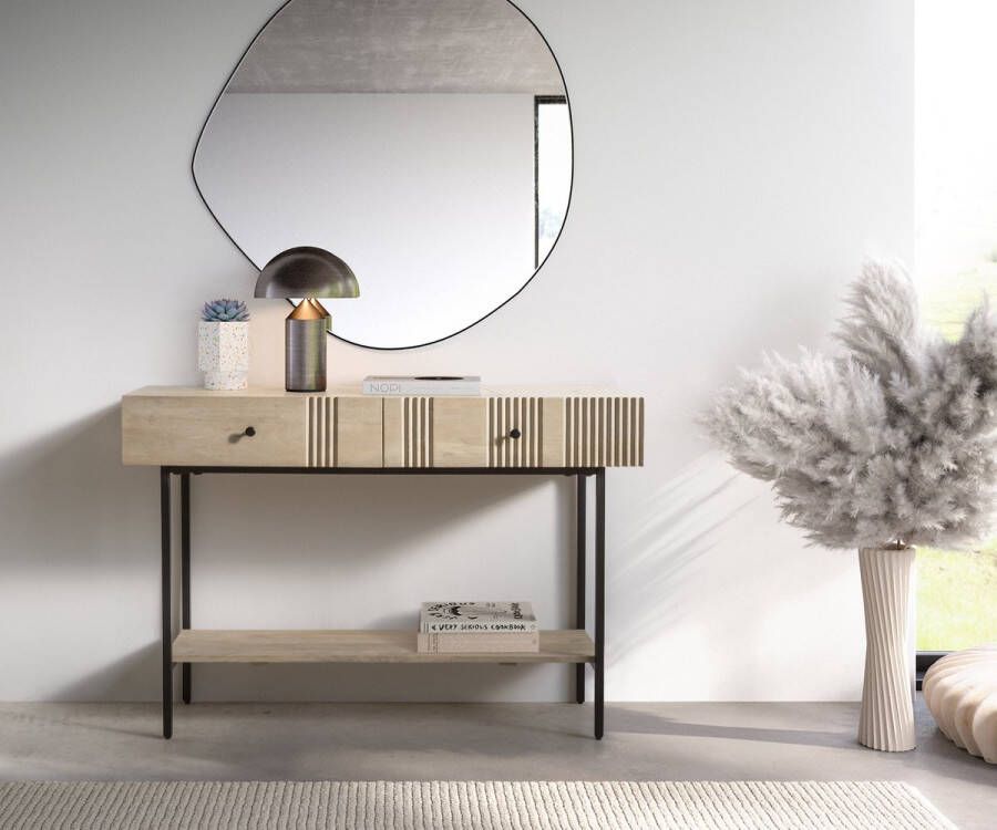 DELIFE Consoletafel Nenita 120x35 cm Mango White Wash metaal zwart 2 laden