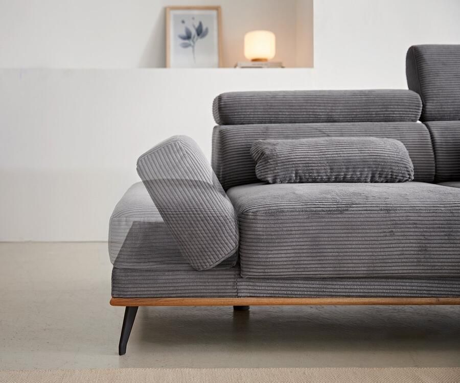 DELIFE Bank Evelio Cord Stone grijs 320x200 ottomaan rechts elektrische zitdiepteverstelling Hoekbank