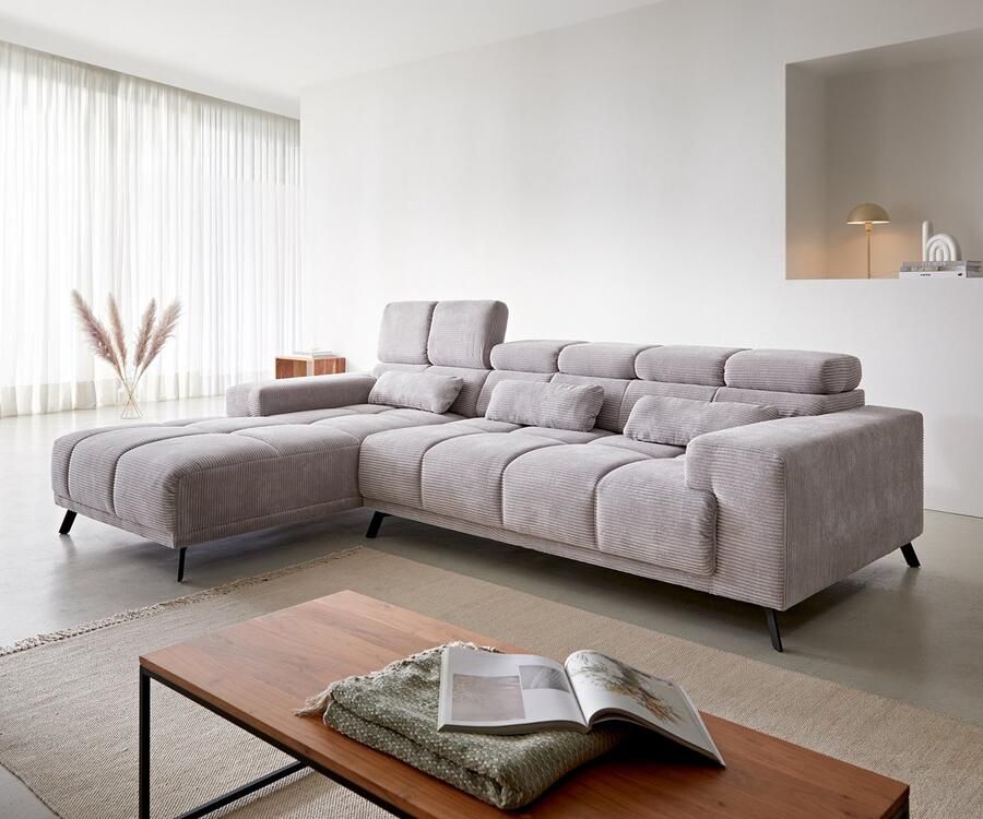 DELIFE Bankstel Ordino Cord Zilvergrijs 285x200 ottomane links relaxfunctie Hoekbank