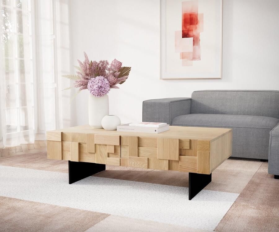 DELIFE Bijzettafel Puzzle natuur eik 120 cm 4 laden Onderstel zwevend metaal zwart Salontafel