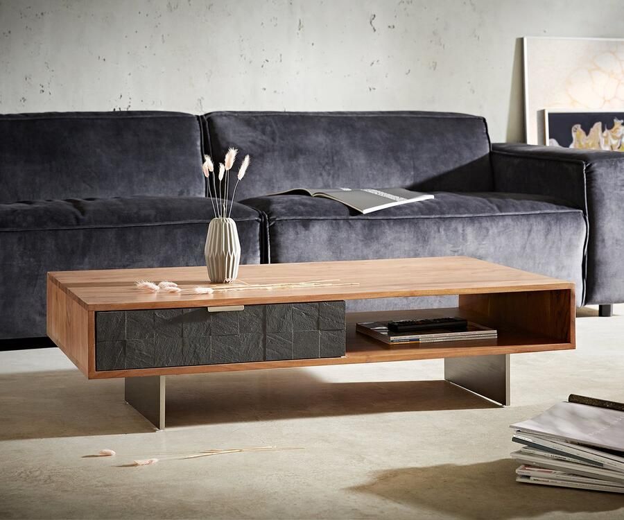 DELIFE Bijzettafel Teele Acacia natuurleisteen 115x60 cm 2 lades salontafel poot zwevend roestvrij staal