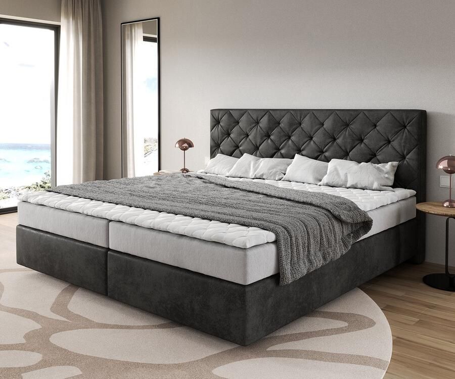 DELIFE Boxspringbed Dream- Great Microfibre Anthracite Vintage 200x200 cm bonell matras PU topper
