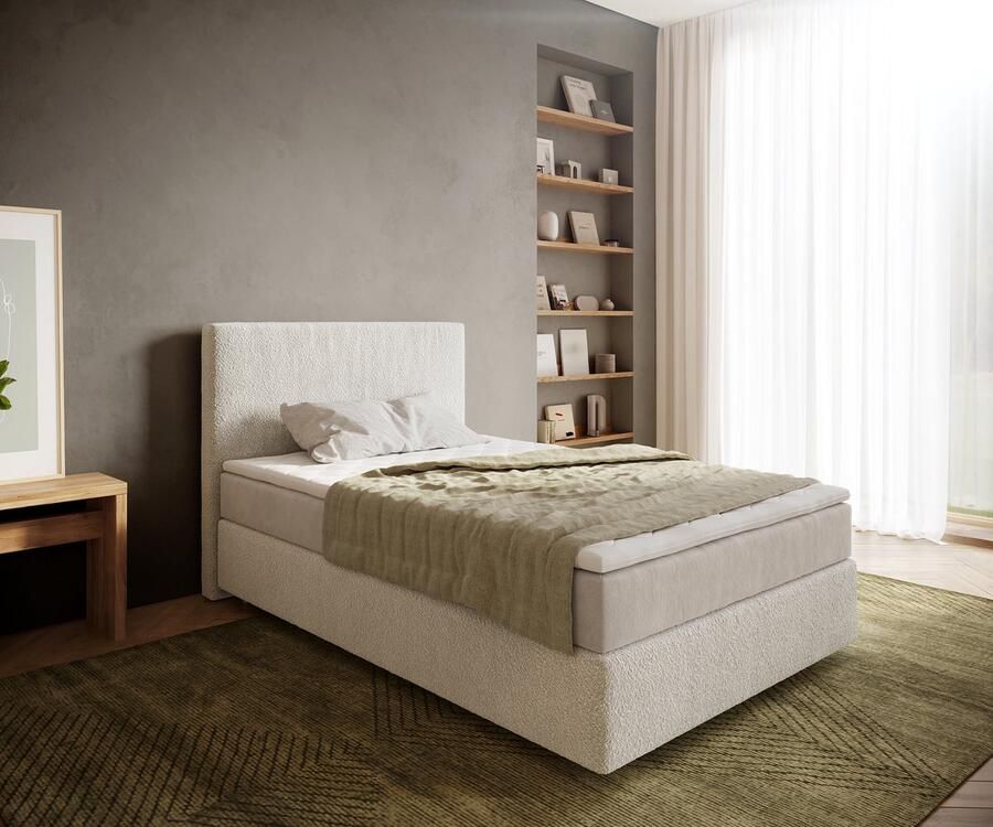 DELIFE Boxspringbed Dream-Well Bouclé Crème-Wit 120x200 cm met Pocketveringmatras en Topper Visco