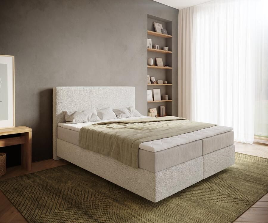 DELIFE Boxspringbed Dream-Well Bouclé Crème-Wit 160x200 cm met Pocketveringmatras en Topper Visco