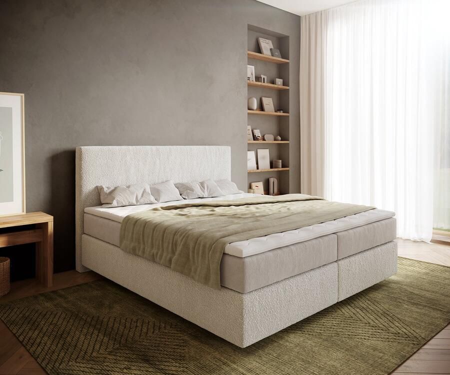 DELIFE Boxspringbed Dream-Well Bouclé Crème-Wit 180x200 cm met Pocketveringmatras en Topper Visco