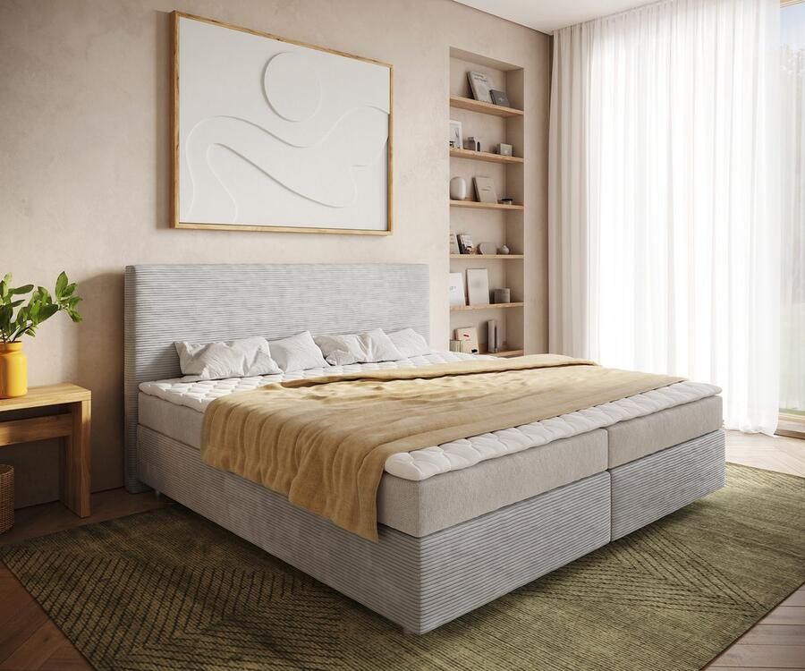 DELIFE Boxspringbed Dream-Well Cord Zilvergrijs 200x200 cm bonell matras PU topper