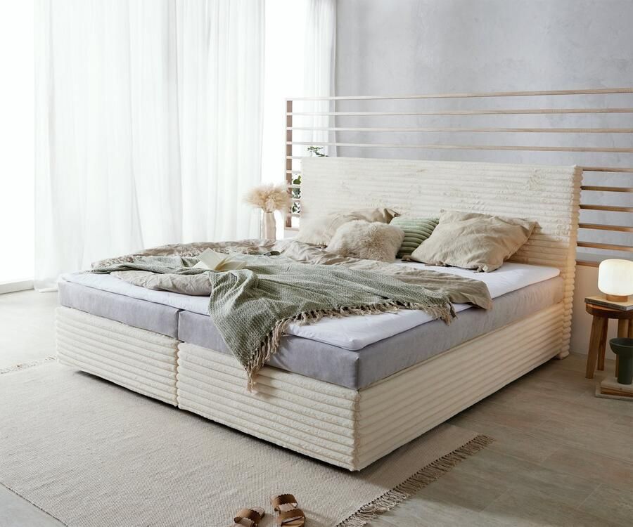 DELIFE Boxspringbed Dream-Well pluche cord beige 200x200 cm Bonell matras PU topper