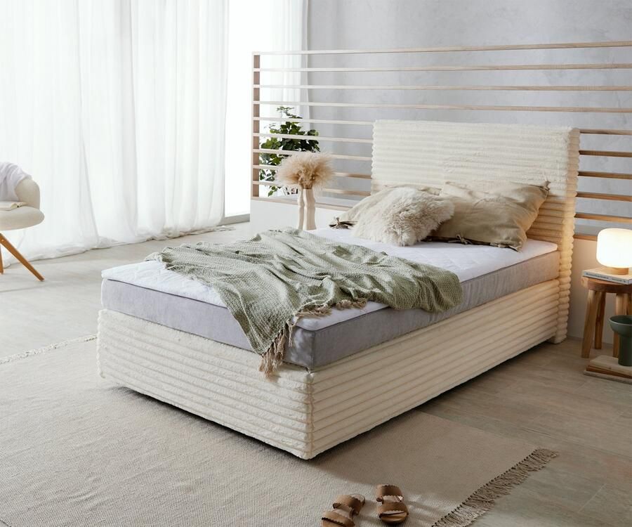 DELIFE Boxspringbed Dream-Well pluche corduroy beige 120x200 cm Bonell matras PU topper