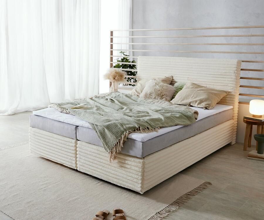DELIFE Boxspringbed Dream-Well pluche corduroy beige 160x200 cm Bonell matras PU topper