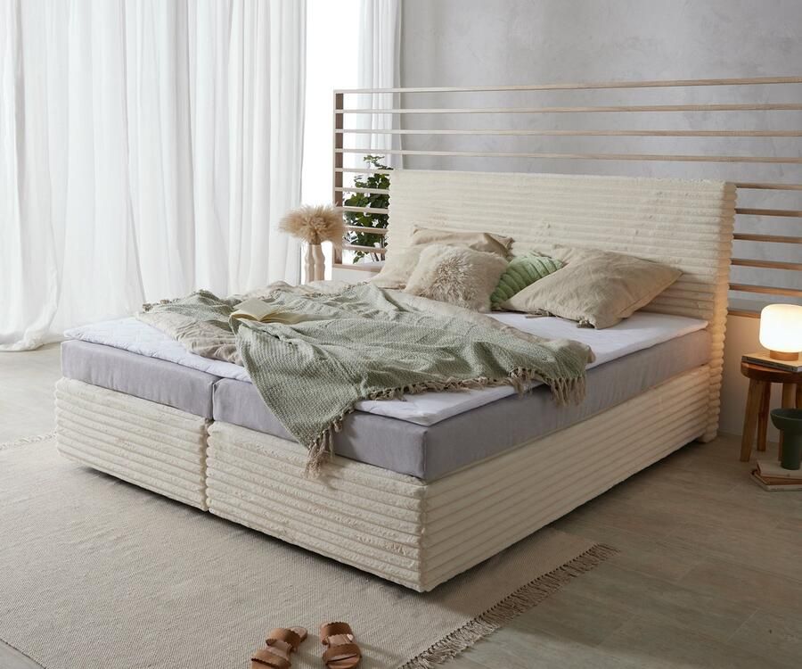 DELIFE Boxspringbed Dream-Well Pluche-Koord Beige 180x200 cm met Bonell-matras en PU-topper