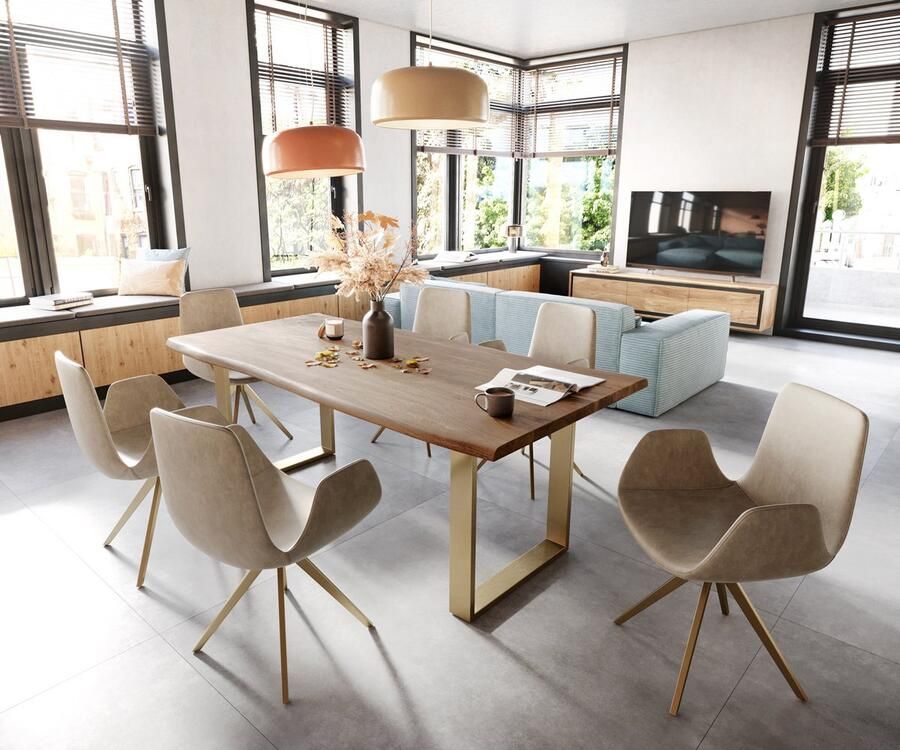 DELIFE Eetkamerstoel Ilia-Flex met armleuning kruisframe hoekig goud microvelours beige vintage 180° draaibaar