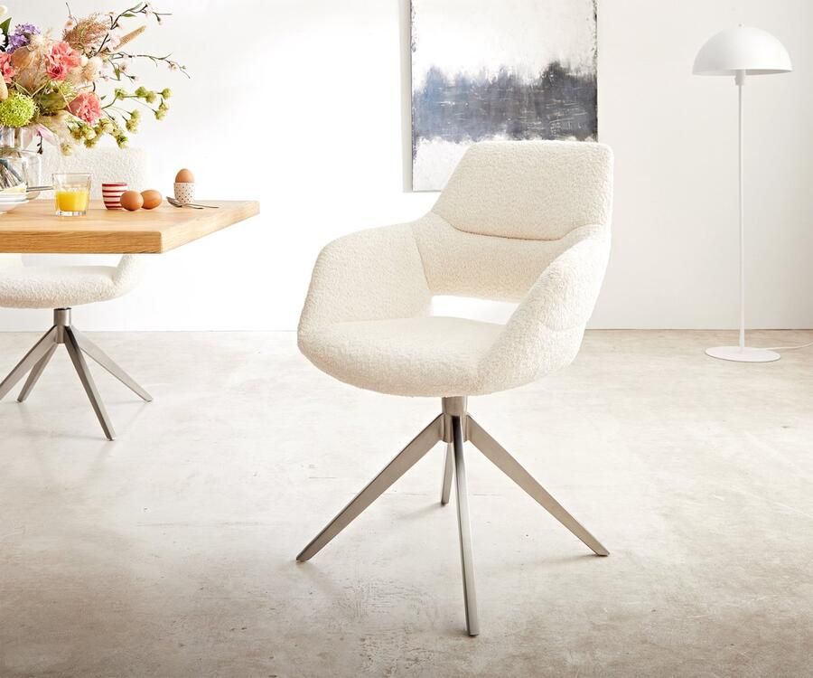 DELIFE Eetkamerstoel Yago-Flex met armleuning kruisframe breed roestvrij staal bouclé wit 360° draaibaar pocketveer kern