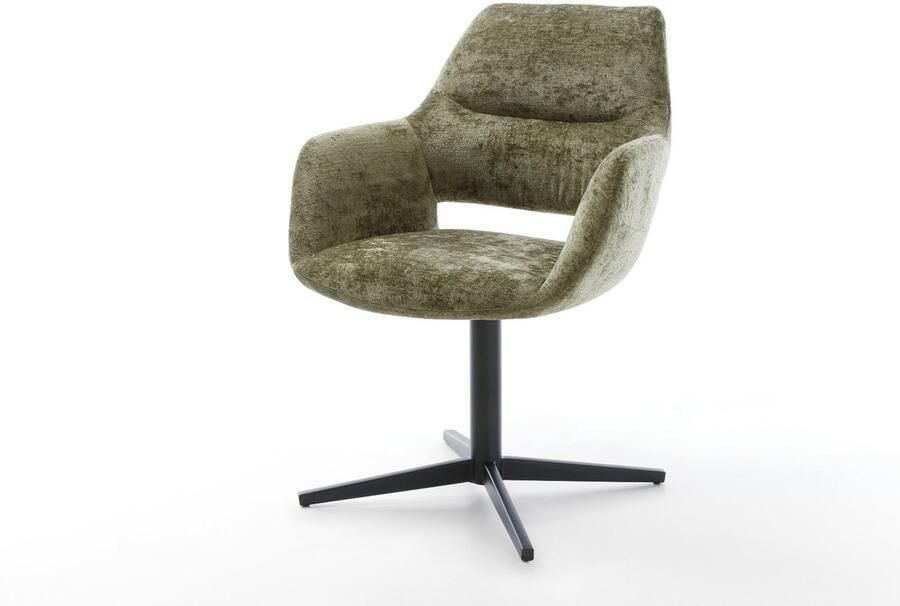 DELIFE Eetkamerstoel Yago-Flex met armleuning kruispoot zwart chenille olijfgroen 360° draaibaar pocketveer kern