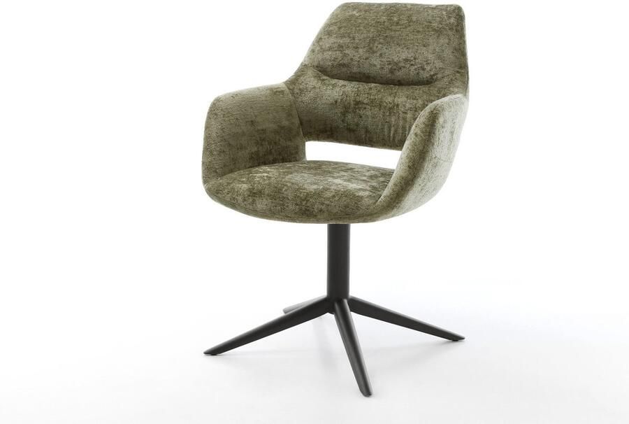 DELIFE Eetkamerstoel Yago-Flex met armleuning kruispoot zwart chenille olijfgroen 360° draaibaar rocker-functie pocketveer kern