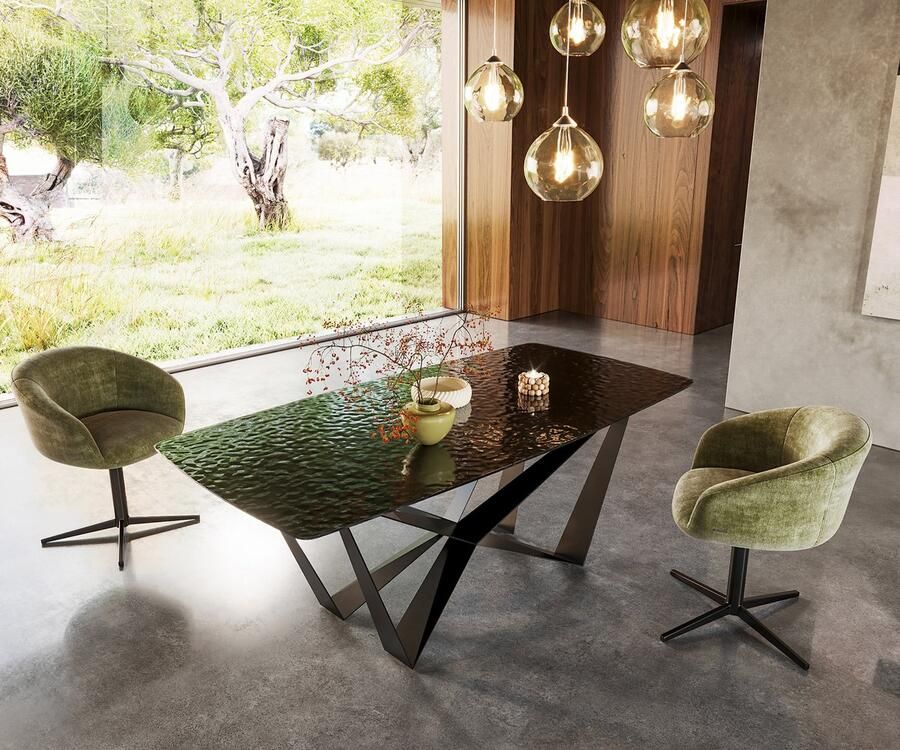 DELIFE Eetkamertafel Edge Boot Glas smelten rokerig zwart 3D-Relief 200x100 spider vlak staal zwart