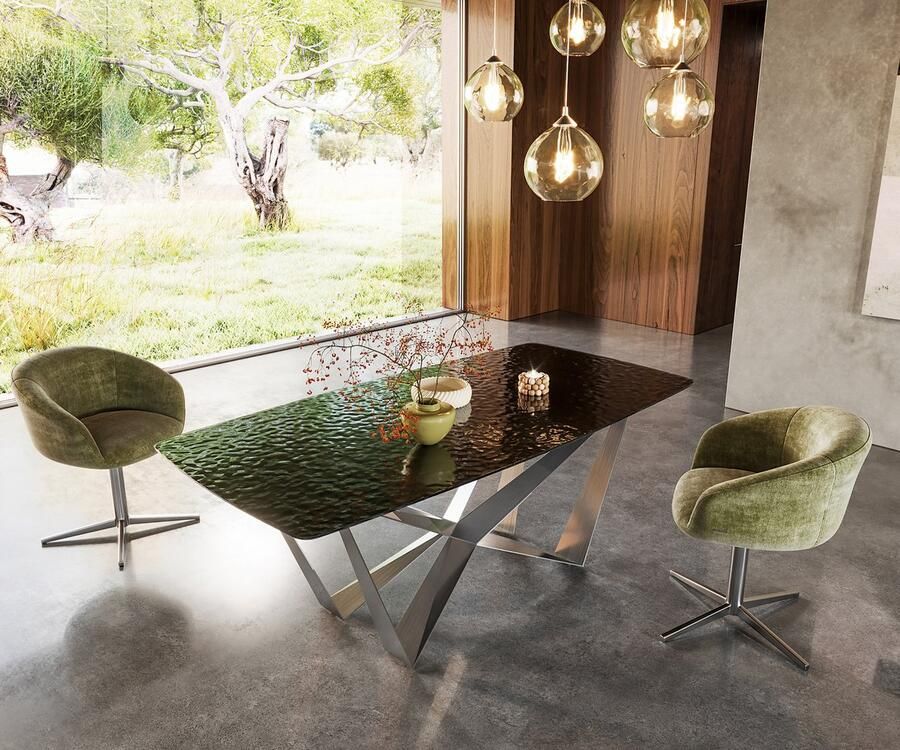 DELIFE Eetkamertafel Edge Boot Glas smelten rokerig zwart 3D-Relief 200x100 spider vlak staal RVS