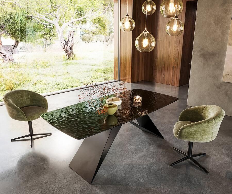 DELIFE Eetkamertafel Edge Boot Glas smelten rokerig zwart 3D-Relief 200x100 V-frame vlak staal zwart