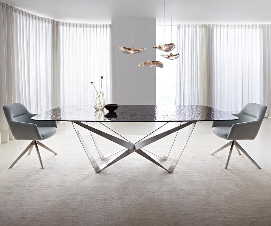 DELIFE Eetkamertafel Edge Boot Glas smelten rokerig zwart 3D-Relief 240x120 spider vlak staal RVS