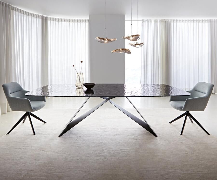 DELIFE Eetkamertafel Edge Boot Glas smelten rokerig zwart 3D-Relief 240x120 V-frame vlak staal zwart