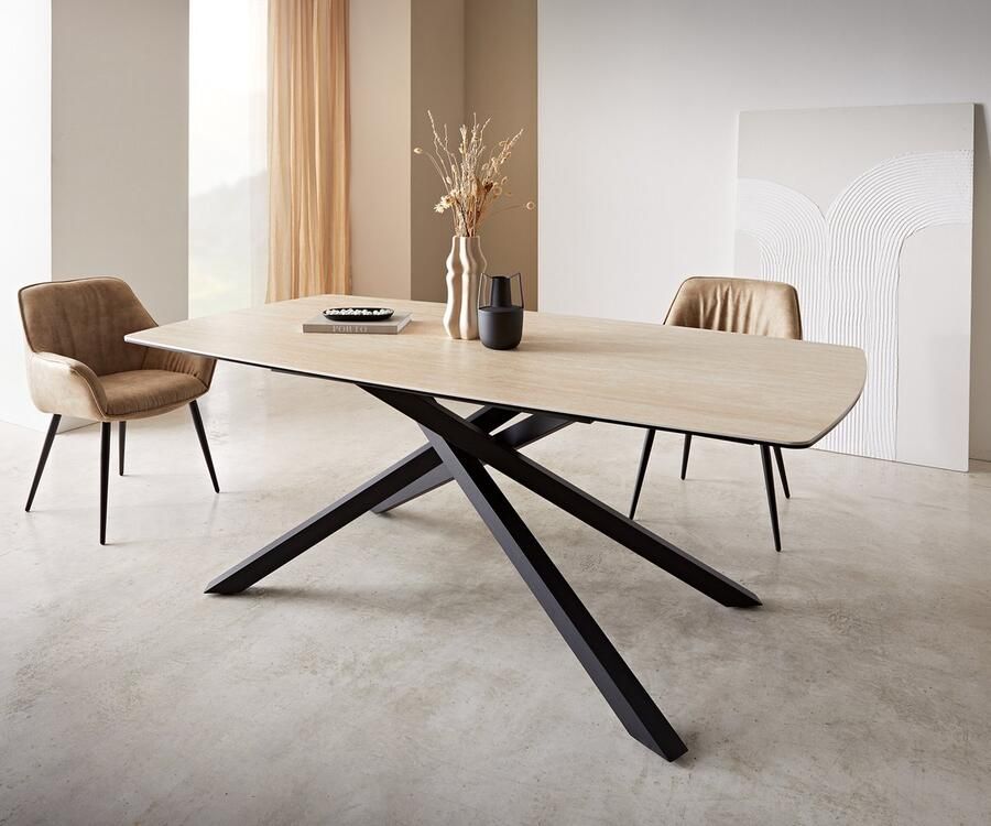 DELIFE Eetkamertafel Edge Boot keramiek Travertin natuur 200x100 kruisframe rechthoek zwart