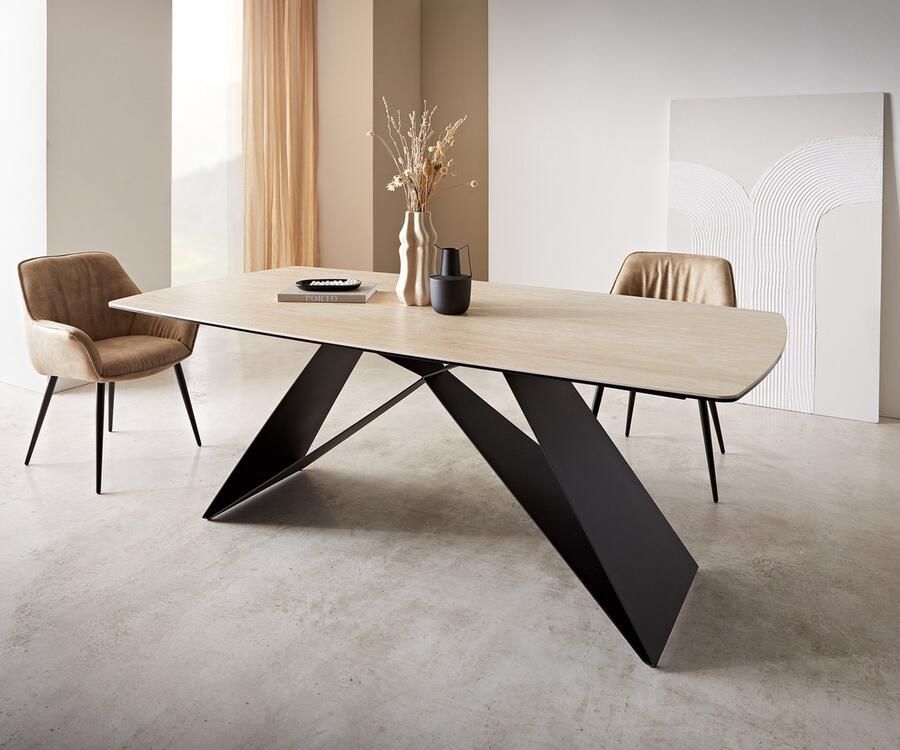 DELIFE Eetkamertafel Edge Boot keramiek Travertin natuur 200x100 V-frame vlak staal zwart