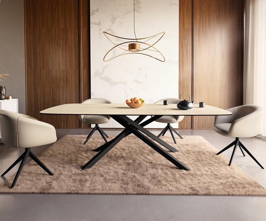 DELIFE Eetkamertafel Edge Boot keramiek Travertin natuur 240x120 kruisframe rechthoek zwart