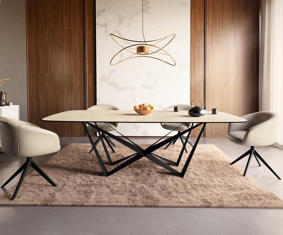 DELIFE Eetkamertafel Edge Boot keramiek Travertin natuur 240x120 spider vlak staal zwart