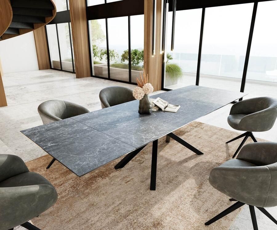 DELIFE Eetkamertafel Edge keramiek Laminam Nero Greco grijs 200-300x100 kruisframe rechthoek zwart uitschuifbaar