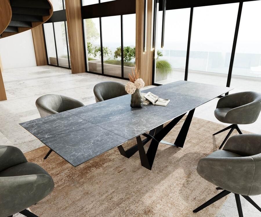 DELIFE Eetkamertafel Edge keramiek Laminam Nero Greco grijs 200-300x100 spider vlak staal zwart uitschuifbaar