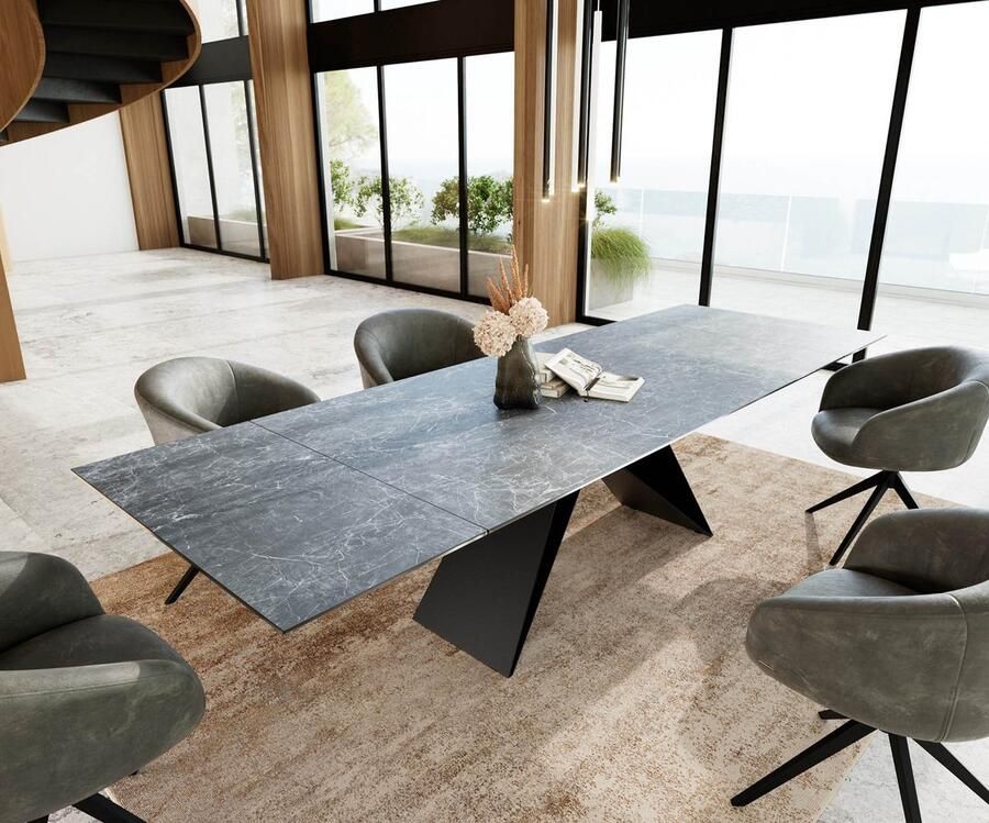 DELIFE Eetkamertafel Edge keramiek Laminam Nero Greco grijs 200-300x100 V-frame vlak staal zwart uitschuifbaar