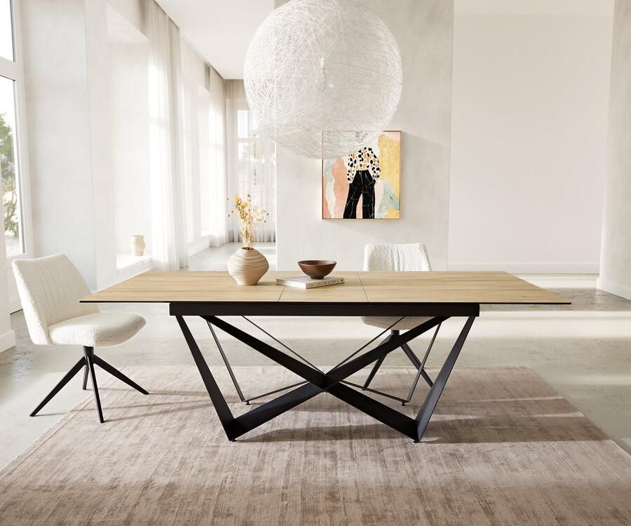 DELIFE Eetkamertafel Edge keramiek Laminam Sabbia eiken kleur 180-220x100 spider vlak staal zwart uitschuifbaar