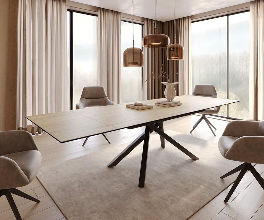 DELIFE Eetkamertafel Edge keramiek Laminam Sabbia eiken kleur 200-300x100 kruisframe rechthoek zwart uitschuifbaar