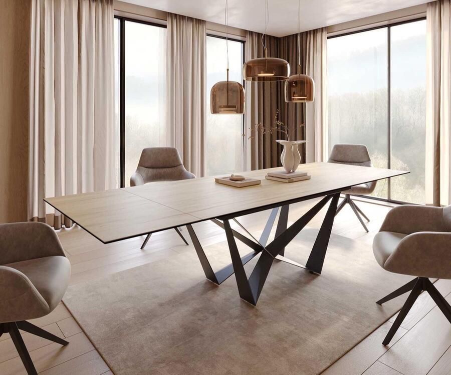 DELIFE Eetkamertafel Edge keramiek Laminam Sabbia eiken kleur 200-300x100 spider vlak staal zwart uitschuifbaar