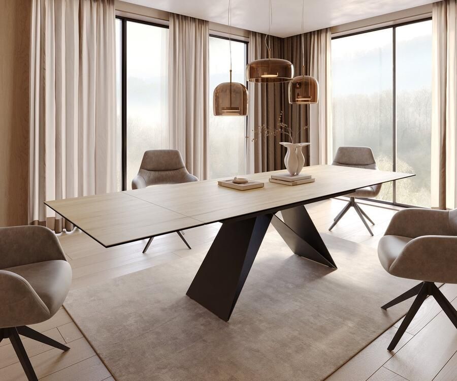 DELIFE Eetkamertafel Edge keramiek Laminam Sabbia eiken kleur 200-300x100 V-frame vlak staal zwart uitschuifbaar